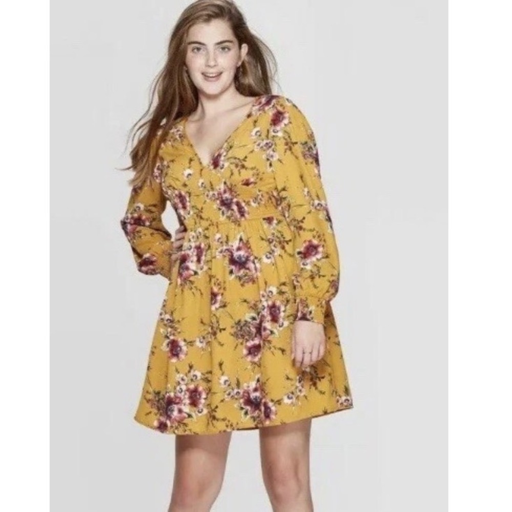 Xhilaration Floral Mini Dress Women XXL Mustard Yellow Boho Smocked Waist Pocket